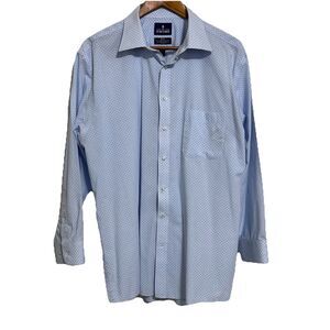 Mens Stafford Travel Blue Dress Shirt Long Sleeve Polka Dot Button Up 17 Sz Lg